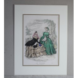 Stampa Le  Follet pubblicità moda femminile  acquerellata a mano 1843 originale 